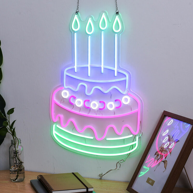 Elastyczny neonowy pasek znak kolorowy tort urodzinowy lampa neonowa deser urodziny tła imprezowe lampa neonowa pomysłowy Bday prezent Neon Art