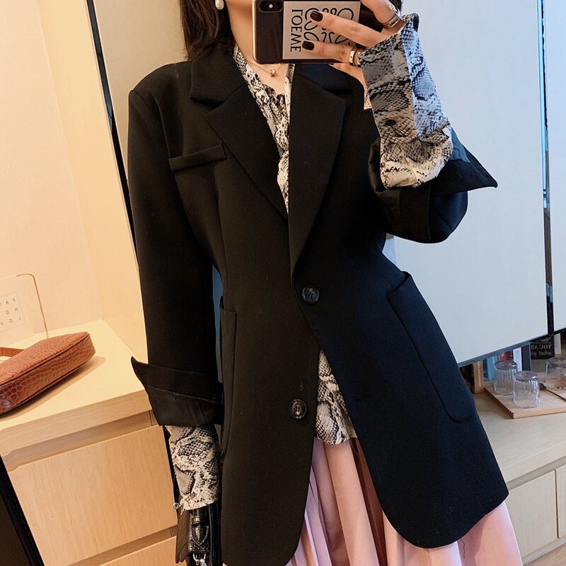 Модный приталенный женский пиджак 2019, осенний пиджак, Женский офисный костюм, черный деловой блейзер с карманами, пиджак DD2350