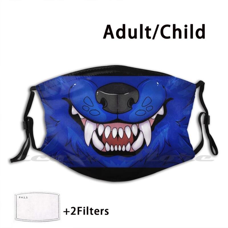 Máscara azul lobo infantil lavável pm2.5, filtro logotipo de criatividade fofo de lobo para adulto e criança snarl animal peludo fofo peludo