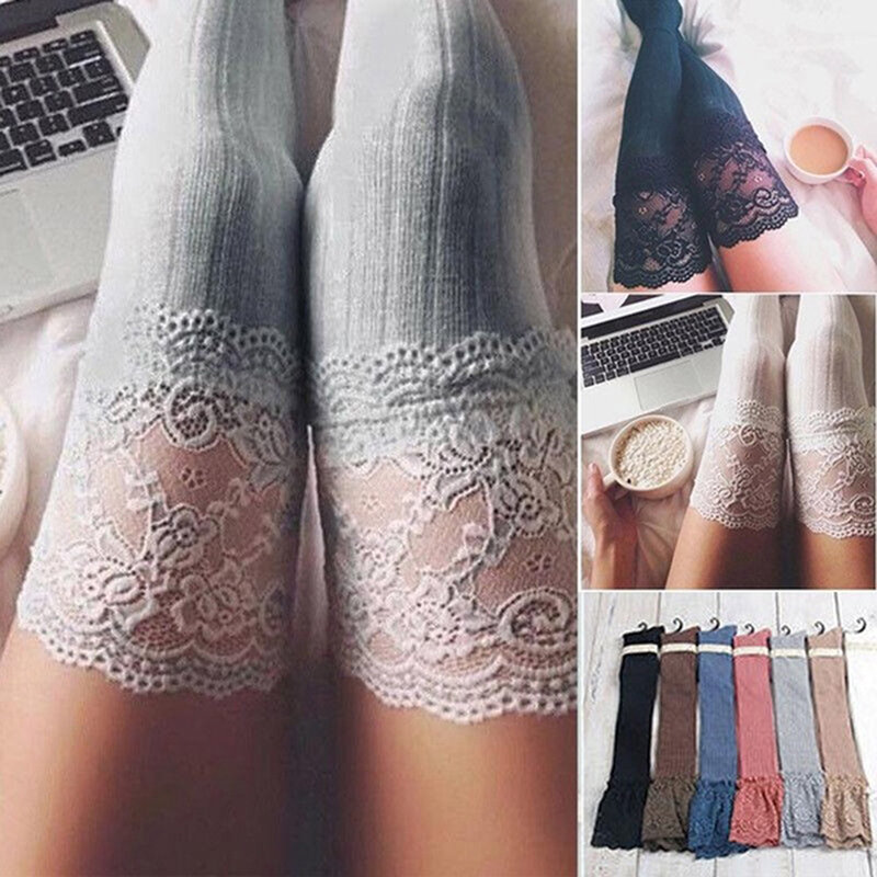 Meias femininas meias quentes coxa alta sobre o joelho meias de algodão longo rendas meias medias meias sexy