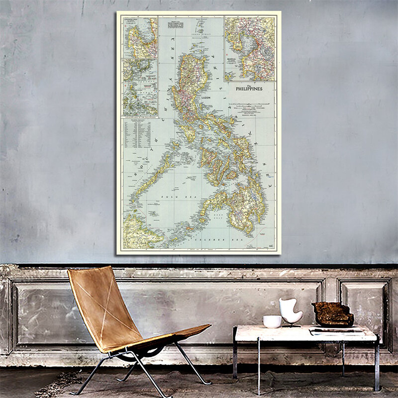 A2 World Map Philippines(1945) Retro Art Paper Painting Home Decor Wall Poster Student Stationery School Office Supplies