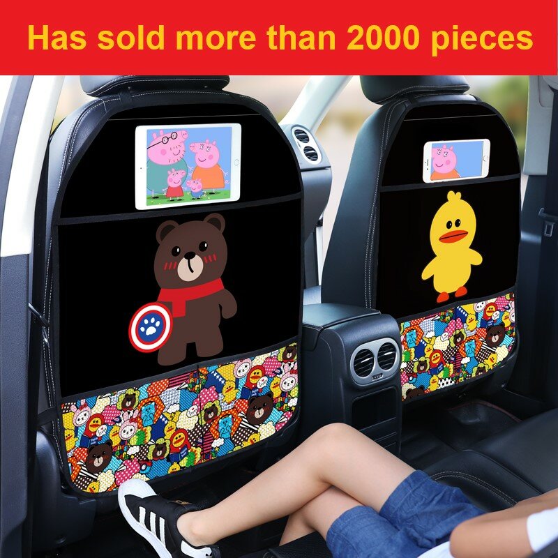 Protetor de tampa traseira do assento de carro para crianças, Cartoon Anti Kick Mat com saco, almofada impermeável, 1pc