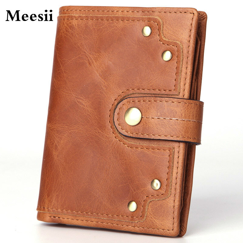 Meesii 2020 Cow Leather Men Wallets Card Holder Photo Holder Large Capacity Retro Short Hasp Bifold Wallet Money Wallets