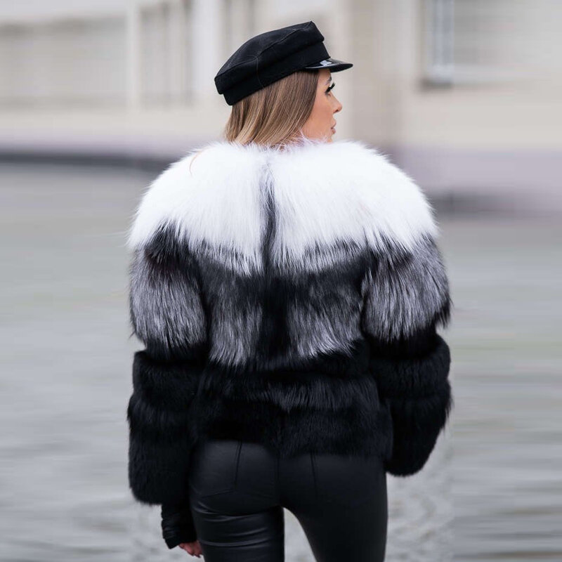Jaket Bulu Rubah Asli Kualitas Tinggi untuk Wanita Pakaian Musim Dingin Mantel Bulu Rubah Asli Kulit Penuh Kerah Bulat Pakaian Luar Bulu Wanita Alami