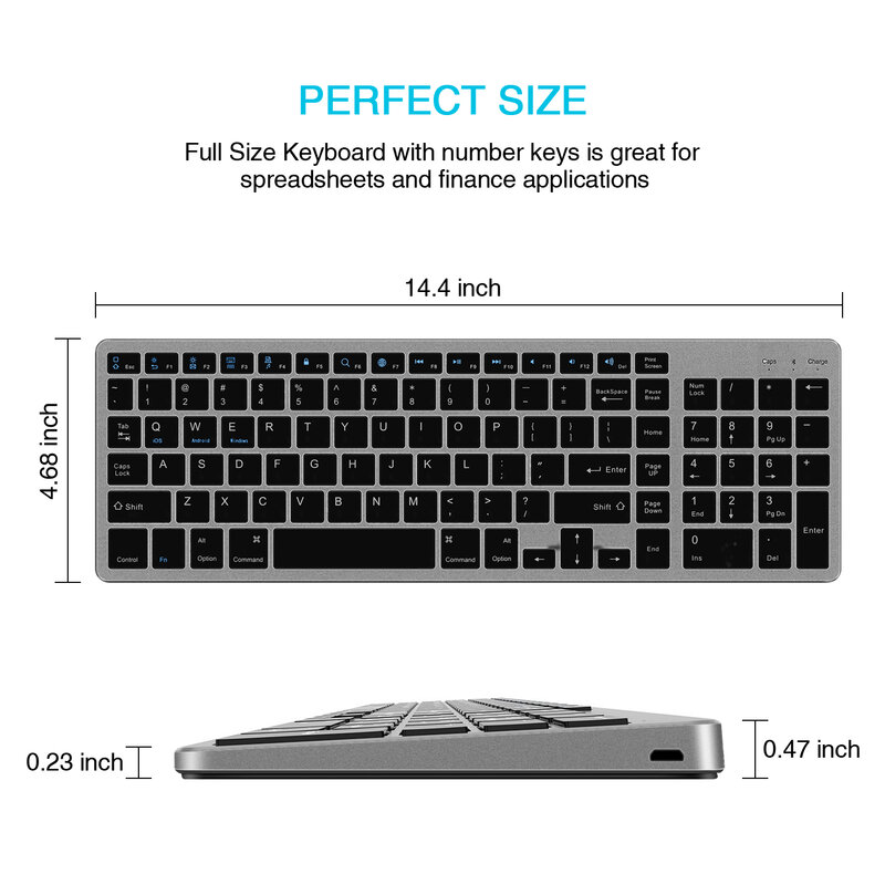 Wireless Bluetooth Keyboard, Rechargeable Ultra-Thin Design， Full-Size Keys with Numeric Keypad, for Laptop Desktop PC Tablet。