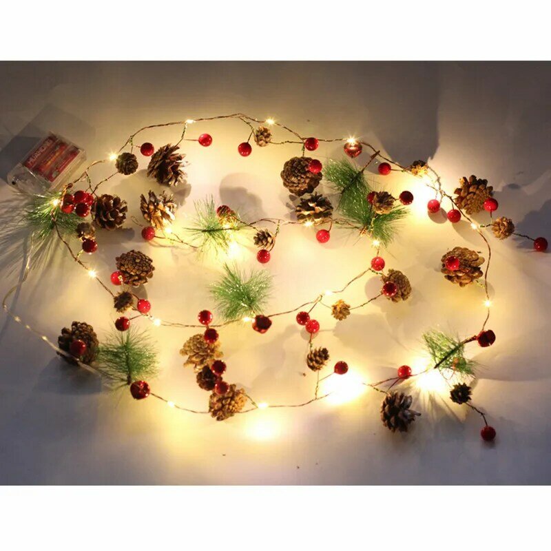 PheiLa LED świąteczne prezenty łańcuchy świetlne z szyszki sosnowe sosnowe jedwabne czerwone kulki zasilane bateriami do dekoracji choinki