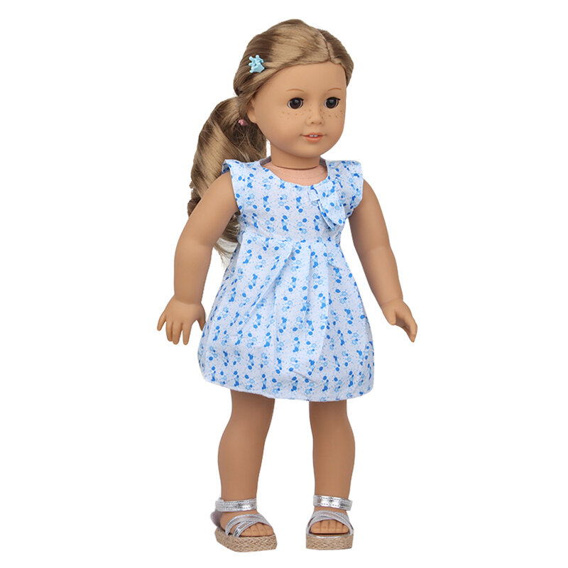 Doll Talk 여아용 미국 인형 장난감, 여름 옷 슬립 원피스, 파란색 옷 세트, 43 cm 아기 신생아 인형, 18 인치