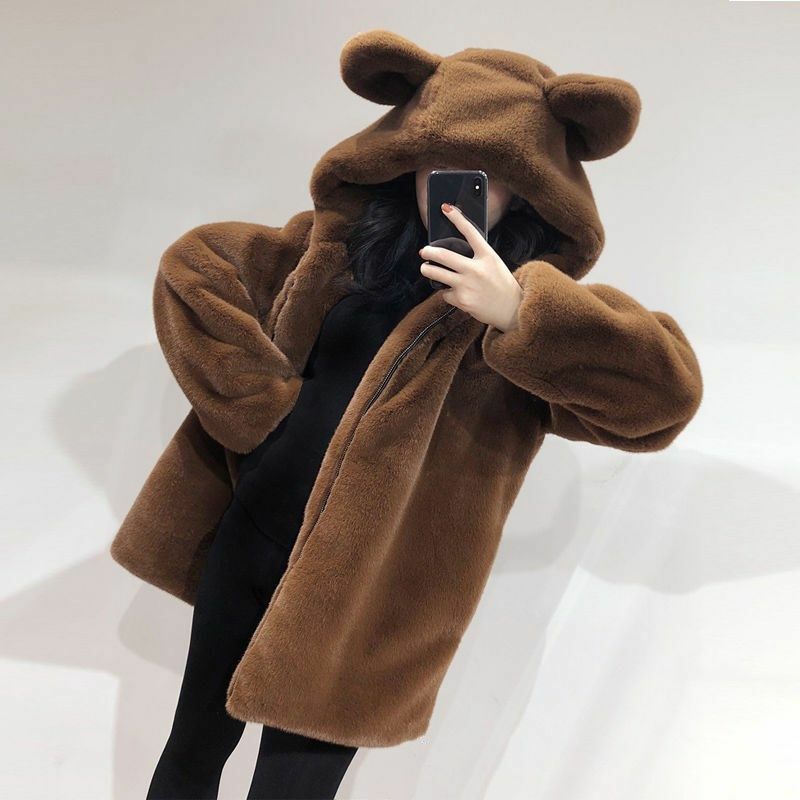 Abrigo de piel con orejas de oso para mujer, peludo chaqueta de terciopelo, algodón/sin algodón, abrigo suelto de piel de visón de imitación, novedad de 2022