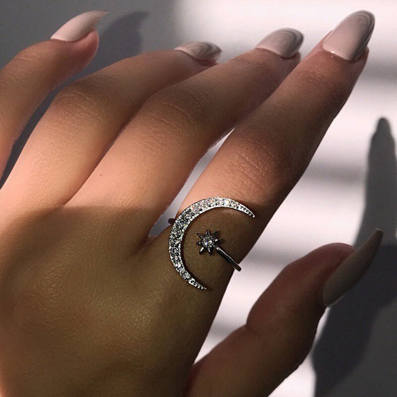 925 prata esterlina moda anel de noivado jóias estrela aberta lua dedo anel para mulheres meninas presente aniversário jz486