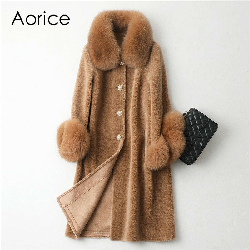 Aorice A19003 Lady Real Wool Sheep Shearing Fur Coat Women Fox Collar Winter Warm Genuine Fur Coat Winter Warm Coat