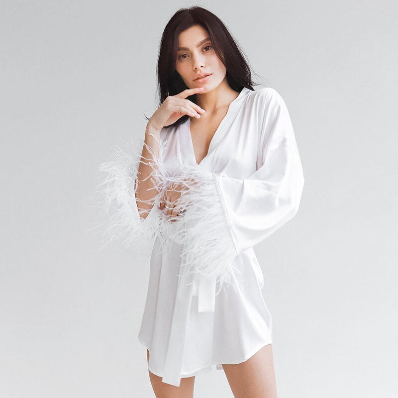 Hiloc-Pyjama en Satin Blanc avec Plumes Peignoirs pour Femme, Robe de Mariée à Manches sulf, Mini Robe Sexy, Peignoirs Noirs