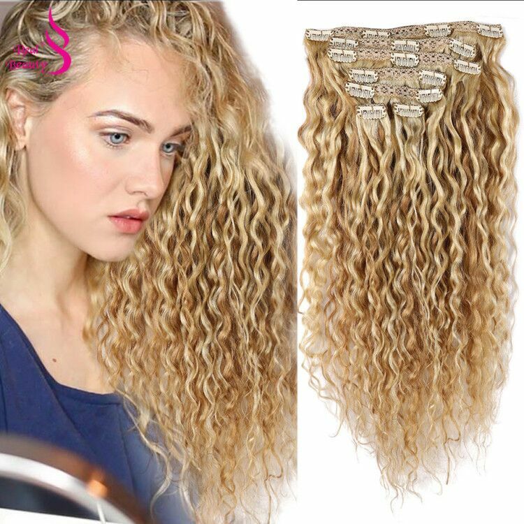Real Beauty 18” Brazilian P27/613 Blond Water Wave Clip In Human Hair Pieces  Remy Curly Clip On Extensions
