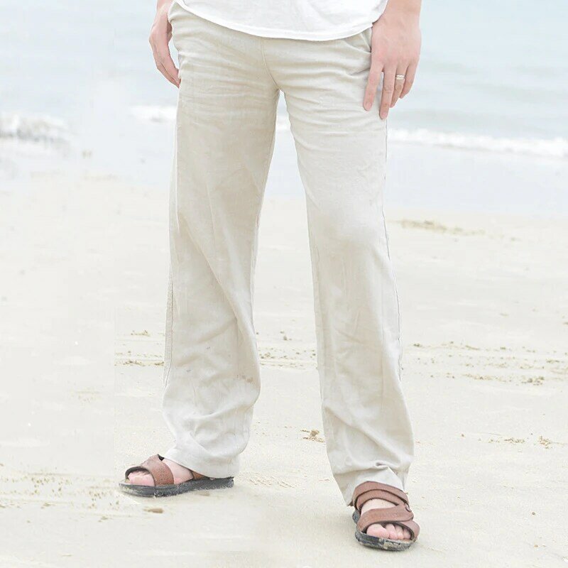 Naiveroo ผู้ชายยาวตรงกางเกงฤดูใบไม้ผลิฤดูร้อนแฟชั่นฝ้ายผ้าลินินสไตล์เอวกางเกงเอว Plus ขนาด M-3XL