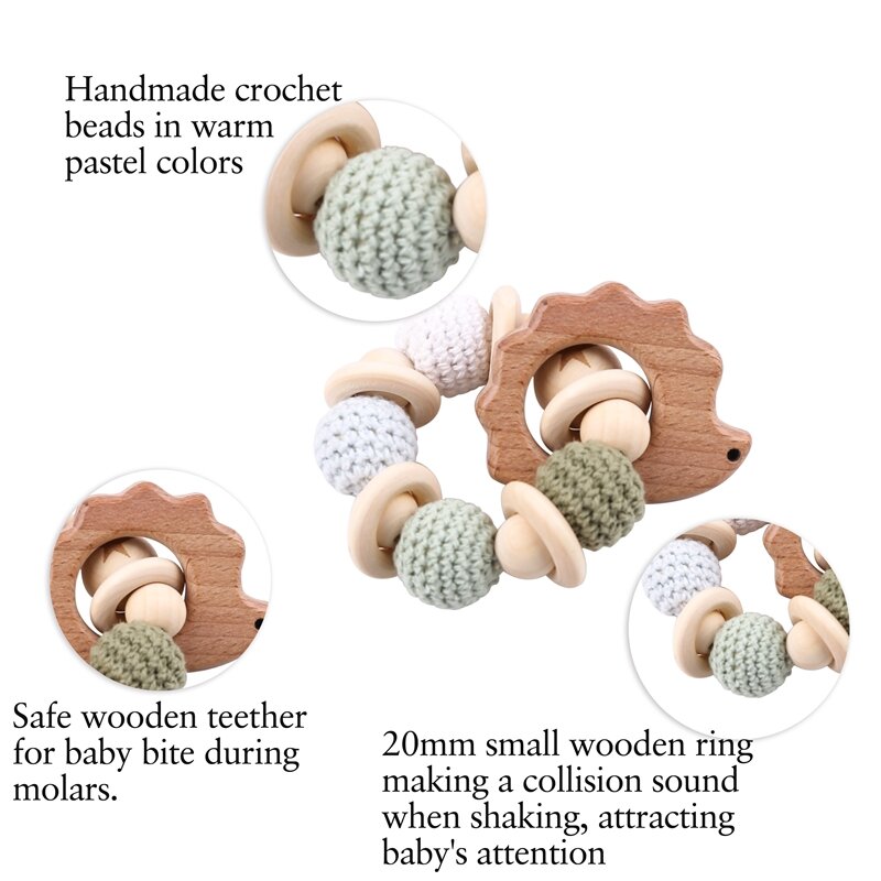 Facciamo 1 pz massaggiagengive in legno riccio uncinetto perline artigianato in legno anello perlina incisa massaggiagengive giocattoli in legno per sonaglio per bambini