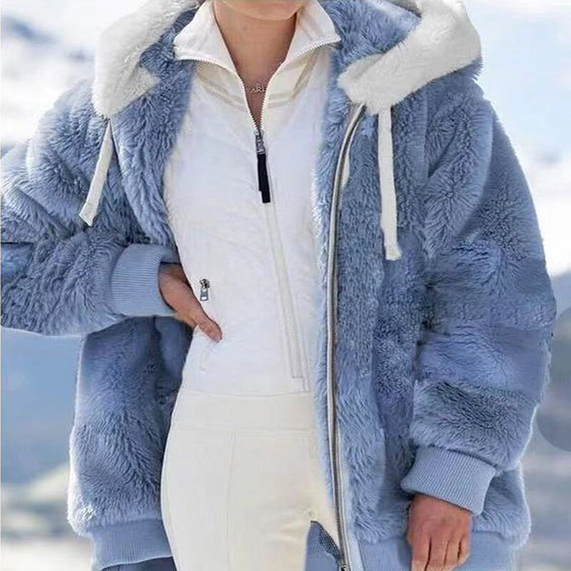 Mantel Bulu Palsu Wanita 2021 Jaket Berkerudung Hangat Musim Dingin Baru Pakaian Luar Jaket Ritsleting Kardigan Mewah dengan Pakaian Saku