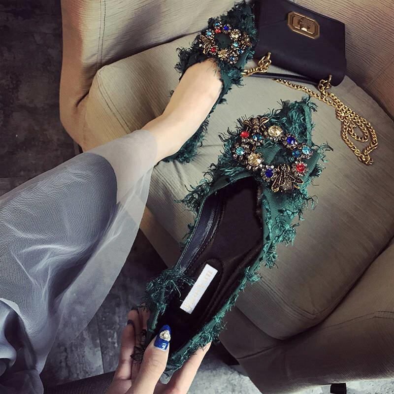 Zapatos planos elegantes para mujer, calzado informal con lazo y diamantes de imitación, Punta cerrada, talla grande, para fiesta, Otoño, 2019