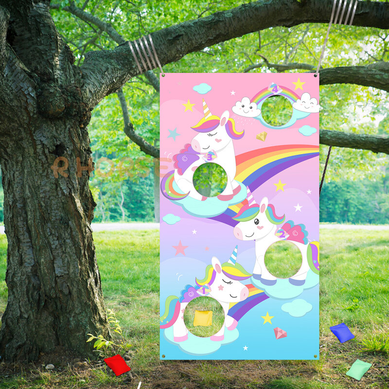 Pancarta de unicornio arcoíris para niños, juego de lanzamiento de fiesta, bolsa de frijol para interiores y exteriores, juguete, regalos de cumpleaños, suministros de decoración