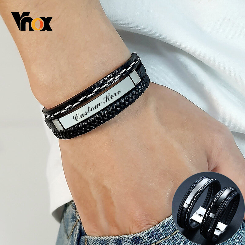 Vnox Customize Name Quotes Leather Bracelets for Men Glossy Stainless Steel Layered Braided Bangle Personalized DAD Husband Gift