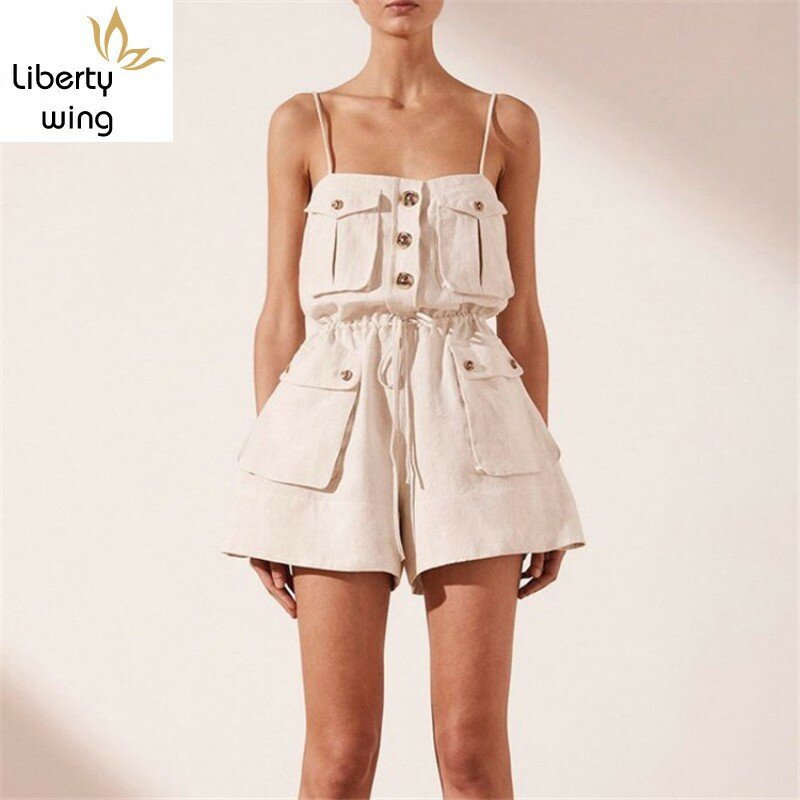 Hot Sexy Summer Sleeveless Spaghetti Strap Backless Womens Playsuits Single Breasted Pockets High Waist Loose Female Jumpsuits