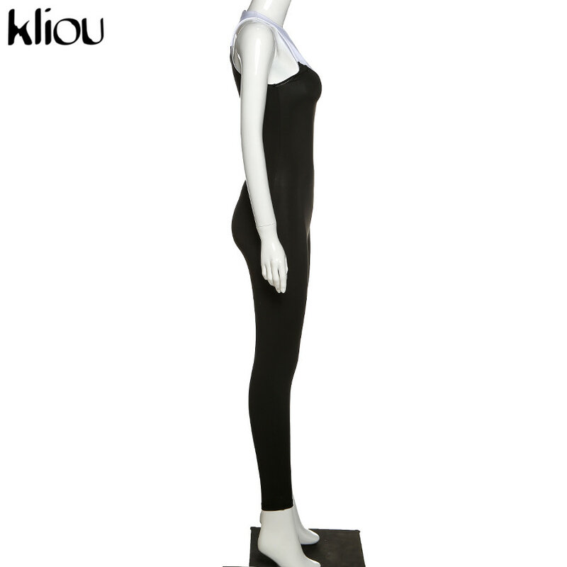 Kliou rompers jumpsuit women sexy skinny party summer 2020 zipper hollow out black white solid patchwork bodysuits sleeveless