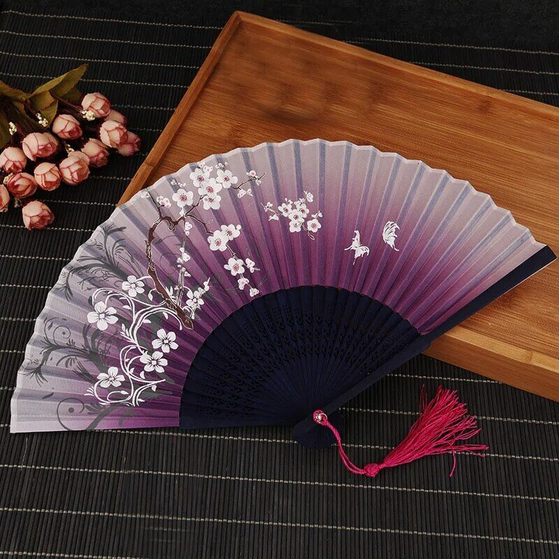 Chinese Spun Silk Flower Printing Hand Fan Vintage Folding Hollow Event Party Birthday Anime Cosplay Costume Halloween Christmas