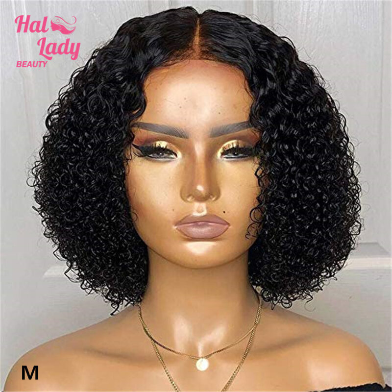 Halo Lady Beauty 13*4 Deep Curly Bob Wig Preplucked Brazilian Lace Front Human Hair Wigs For African American Women Remy 150% 1B