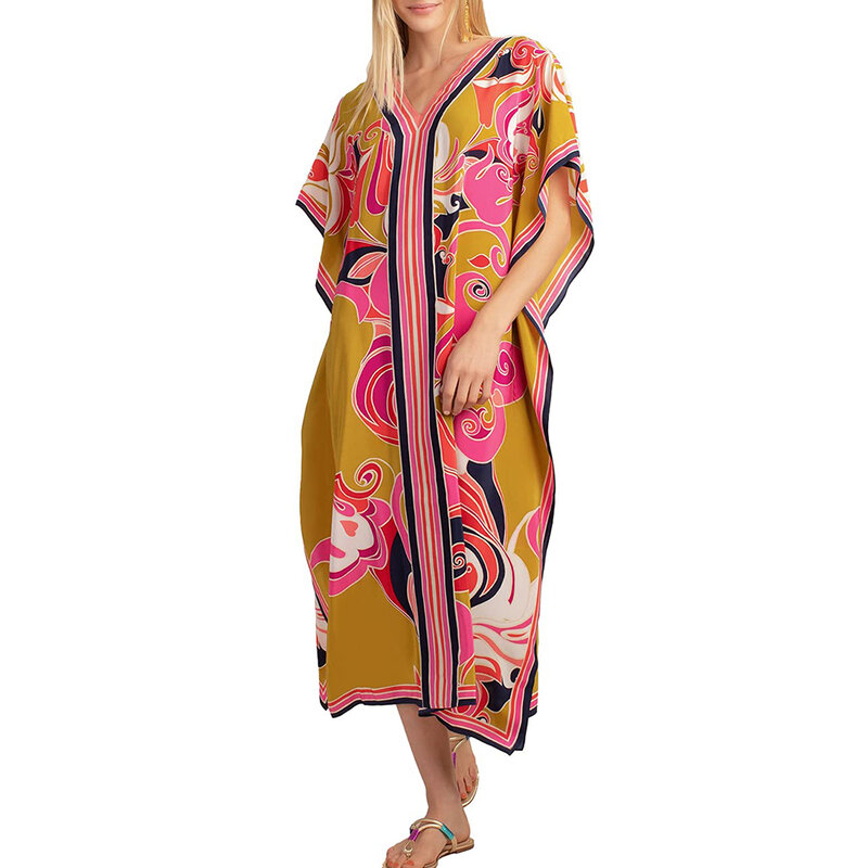 Платье-Кафтан Bsubseach женское, купальный костюм с коротким рукавом, накидка с V-образным вырезом, одежда для отдыха, Макси-платья, большие размеры