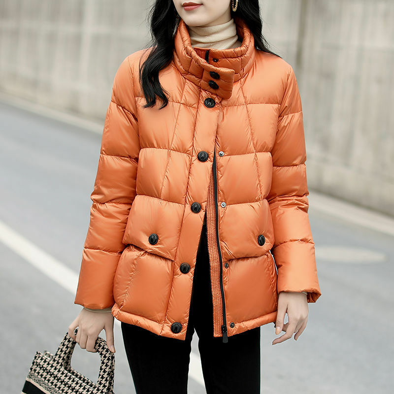 2021 Baru Putih Bebek Bawah Kotak-kotak Jaket Hangat Wanita Musim Dingin Versi Korea Baru Longgar Kerah Berdiri Lengan Panjang Jaket H2582