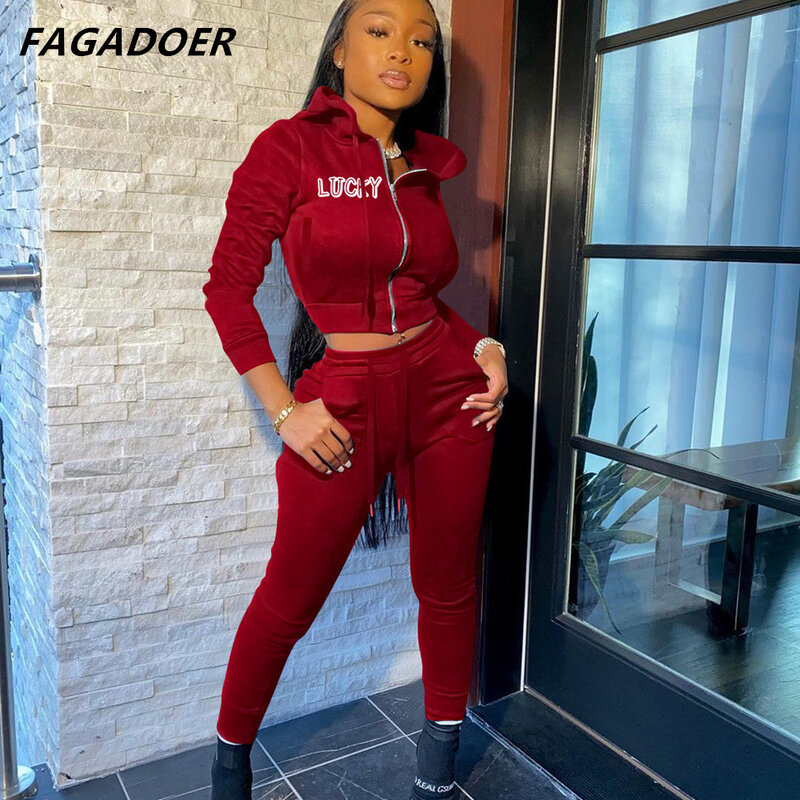 FAGADOER LUCKY Letter Print Two Piece Sets Autumn Women Tracksuit Zipper Crop Top And Draw String Pencil Pants 2pcs Suits