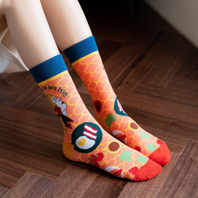 Chic ภาพการ์ตูนผู้หญิงฝ้ายถุงเท้าแฟชั่นอินเทรนด์ที่มีสีสัน Jacquard Happy ถุงเท้าตลกความแปลกใหม่ Harajuku Art ถุงเท้า