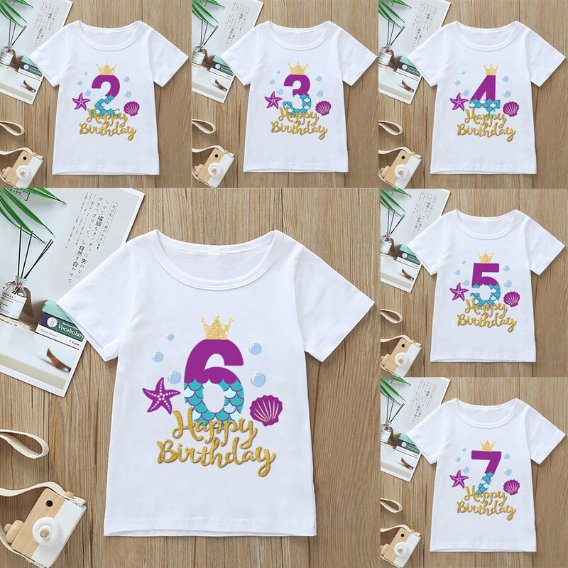T-shirt con stampa grafica a sirena carina età 1-9 compleanno ragazza principessa Tshirt abbigliamento per bambini Harajuku Kawaii vestiti top, YKP141