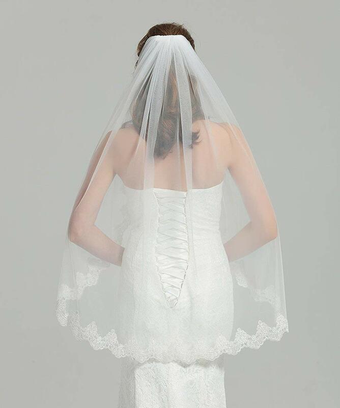 Kerudung pengantin pernikahan gading putih dengan sisir 1 tingkat renda Applique tepi ujung jari panjang 41 "kerudung renda