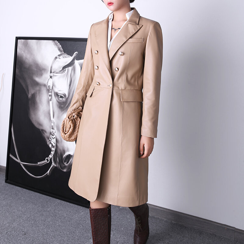 Fábrica nova chegada moda feminina longo couro genuíno duplo breasted blusão fino jaqueta