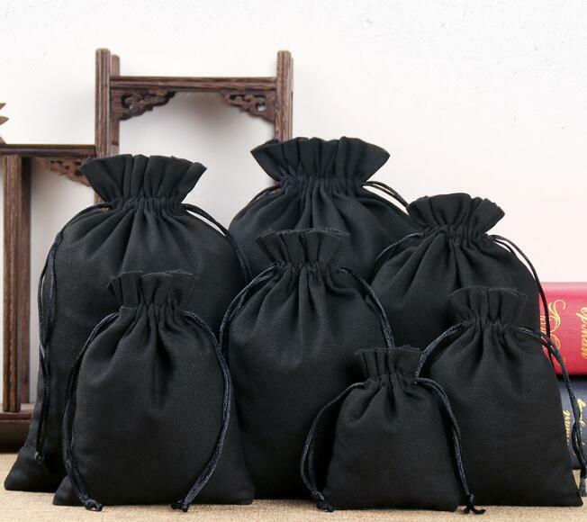 50 шт./лот, черные хлопковые холщовые сумки, большие подарочные пакеты на шнурке, упаковочная сумка, домашний органайзер, мешки для хранения, принт логотипа на заказ