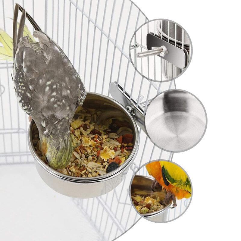 Cage d'alimentation pour perroquet en acier inoxydable, bol avec support de pince pour perruches Cockatiel