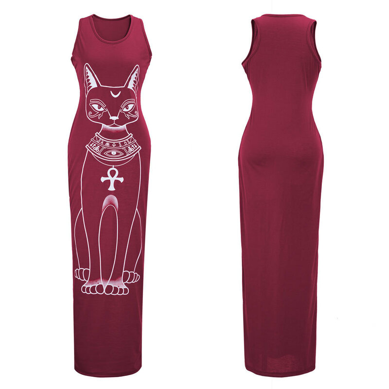 2020 vestido largo femenino casual recto animal gato sin mangas tobillo-longitud verano primavera calle vestido para mujer regalo