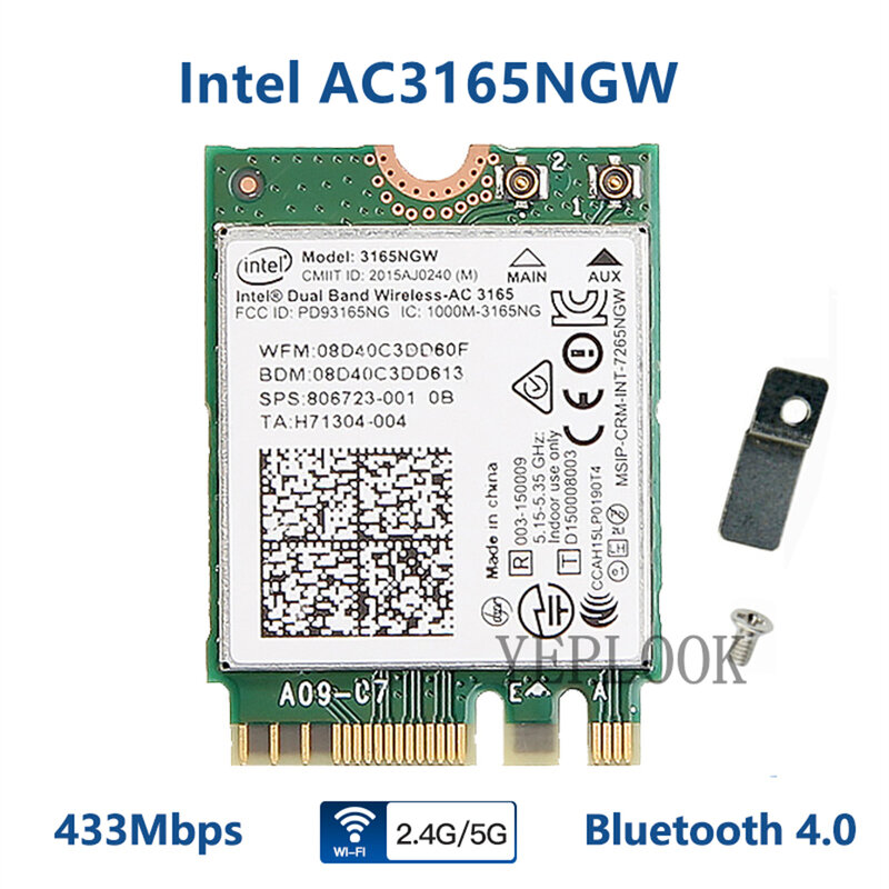 Cartão Wifi para HP ProBook, AC3165, 3165NGW, 433Mbps, Banda Dupla, 2.4G, 5Ghz, Bluetooth 4.0, 802.11ac, NGFF, M.2, 430, 440, 450, 820, g3 840