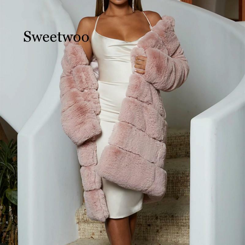 Mantel Bulu Palsu Musim Dingin Wanita 2020 Mantel Panjang Hangat Tebal Kasual Jaket Bulu Longgar Hitam Mewah Wanita Pakaian Luar Kardigan