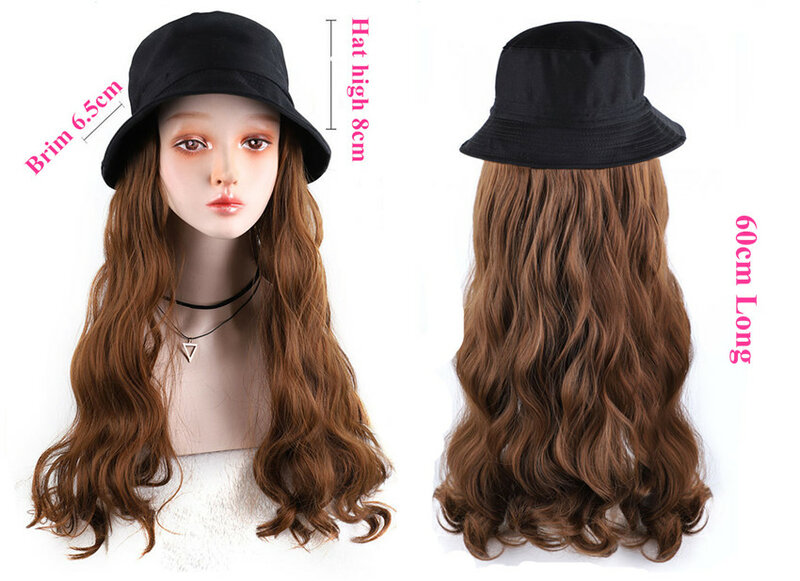 Bucket Hat Wig Long Wavy Hair with Black Denim Hat Instant Do Wig with Hair Extention Long Synthetic Wig Attached Hair Halo Lady