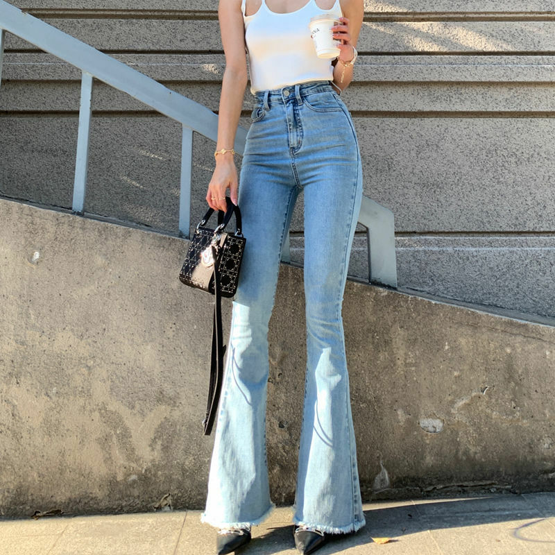 Jeans Suar Ramping Pinggang Tinggi Kasual Wanita Celana Denim Potongan Bot Elastis Antik Jalanan Tinggi Celana Panjang Denim Skinny Chic Wanita