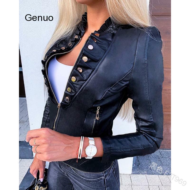 Casual Motorcycle Faux Leather Jacket Women's Button Pockets Zippers Slim Pu Short Jacket