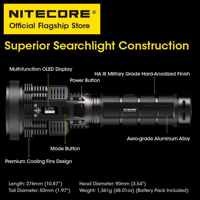 NITECORE 오리지널 LED 충전식 손전등, TM39 5200 루멘 빔, NBP68HD 배터리 포함 강력한 탐조등, 1500 m 던지기