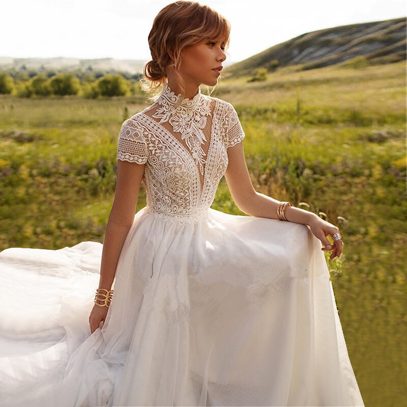 TRAUM Boho Spitze Tüll High Neck Hochzeit Kleid 2023 Kappen-hülsen A-linie Bohemian Brautkleid Vintage Elegante Robe De Mariée