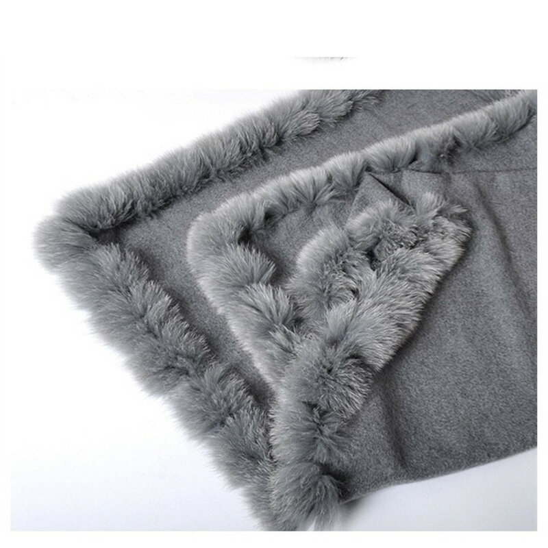 Festa feminina 100% cashmere com pele de raposa genuína aparado longo xale manto capa inverno ao ar livre cachecol