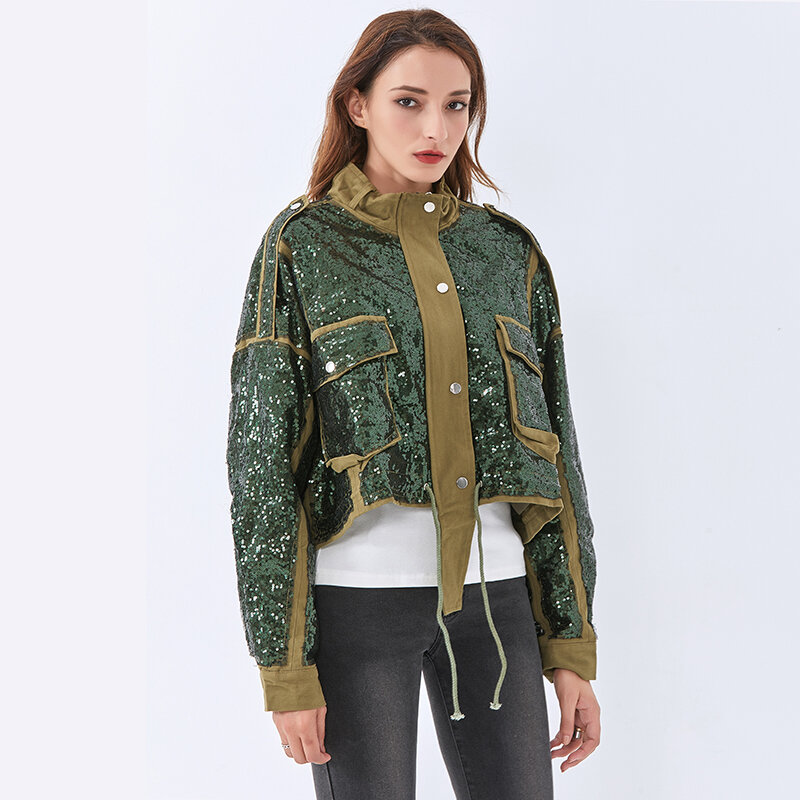 TWOTWINSTYLE Patchwork Sequined Jacket For Owmen Turtleneck Long Sleeve Casual Lace Up Jackets Female 2022 Spring Fashion New