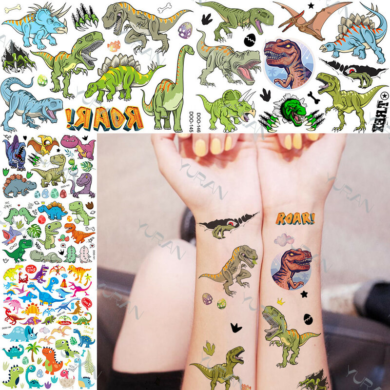 Tatuajes temporales de dinosaurios rugientes realistas para niños y niñas, tatuaje Jurásico Flash, tatuajes de arte corporal de dibujos animados falsos lindos para niños
