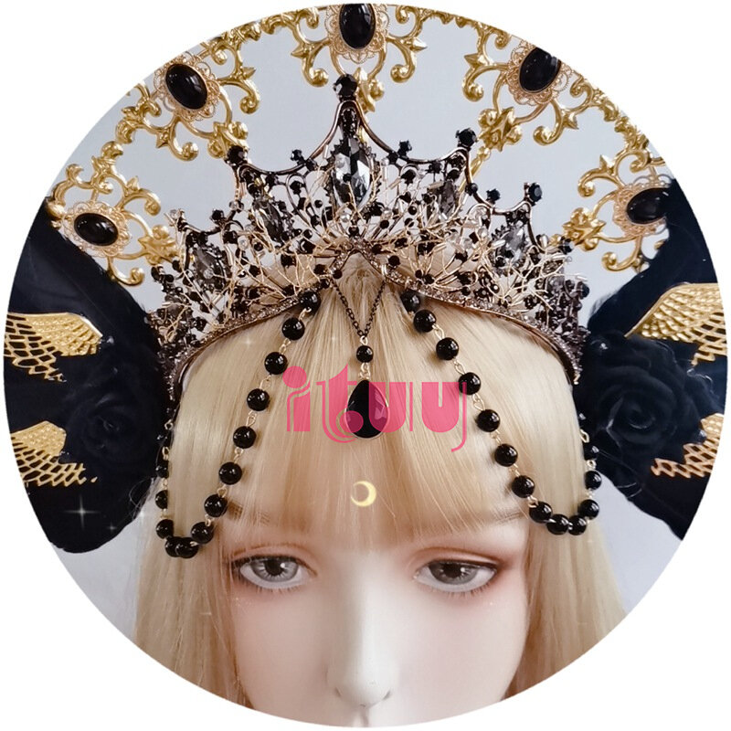 Cadena de cuentas negras, accesorios para el cabello con diseño barroco gótico, rosa, alas de Ángel, corona Retro de madrina, Halo Lolita KC