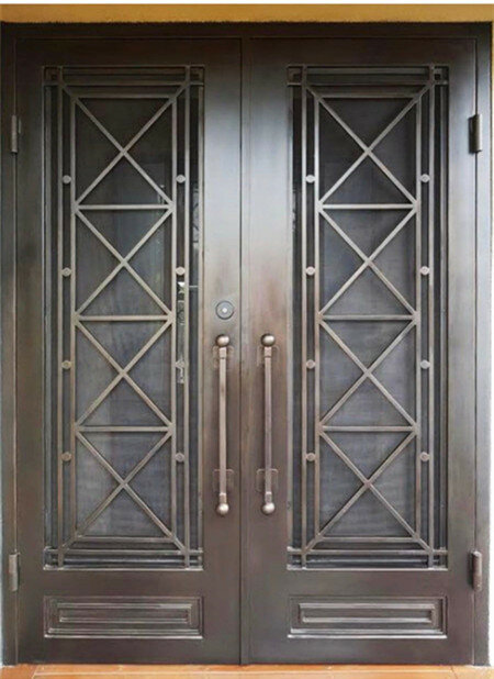 Diseño de puertas de hierro forjado Hench con doble panel de vidrio, entrega a casa australiana, hc-1