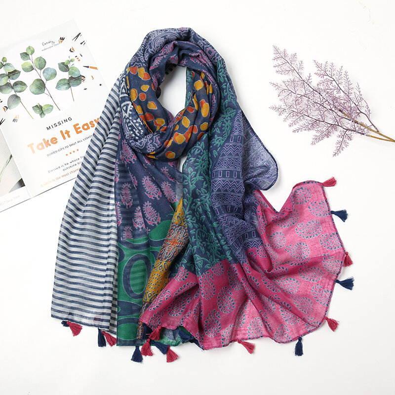 Fashion Floral Gedruckt Baumwolle Viskose Schal Frauen Muslimischen Hijab Damen Quaste Schal Wrap Große Größe Schals Arabischen Turban Bandana
