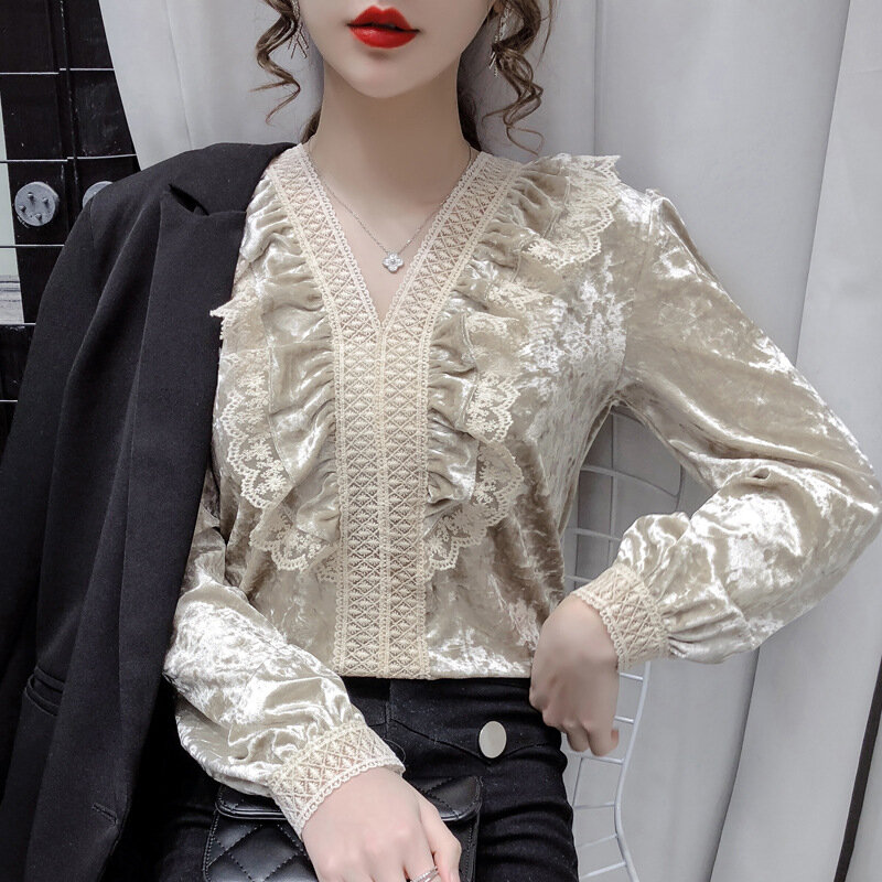 Blusa con cuello en V para mujer, camisa de terciopelo con borde de encaje, Top de manga farol a la moda para Otoño/Invierno, 2020